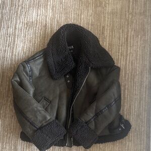 Zara green shearling biker coat